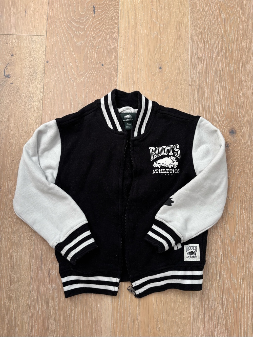Roots Kids Black and White Athletics Varsity Sweatshirt Jacket - small